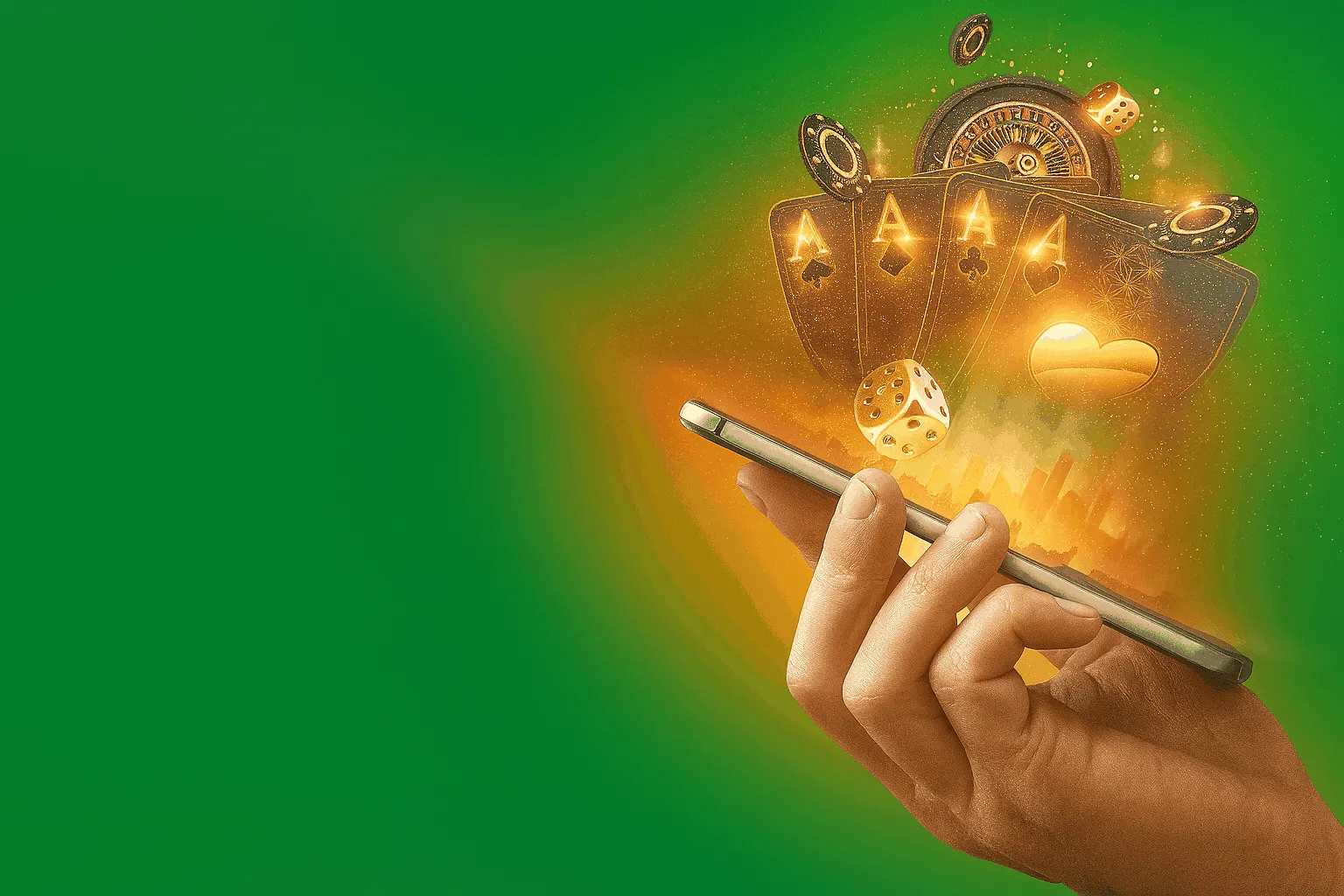 Hand hält Smartphone mit virtuellen Casino-Elementen